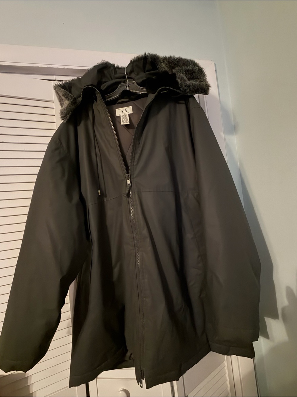 Armani Exchange Men's Black Performance Jacket with Faux Fur Hood